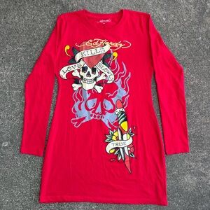 Ed Hardy Women’s Love Kills Long Sleeve Mini Dress Size XL Red Y2K Tattoo Grunge